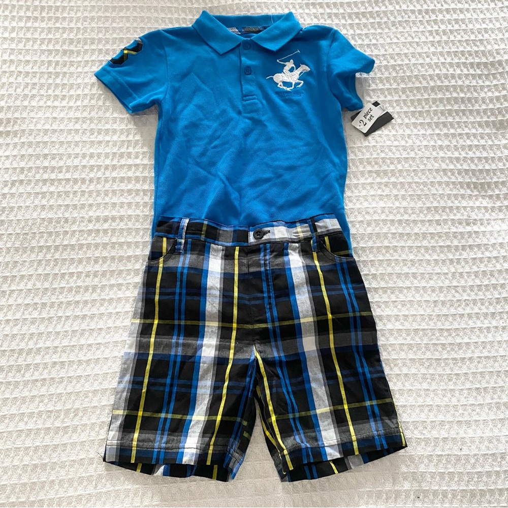 Beverly Hills Polo Club Blue Polo and Plaid Shorts baby set 24M NWT